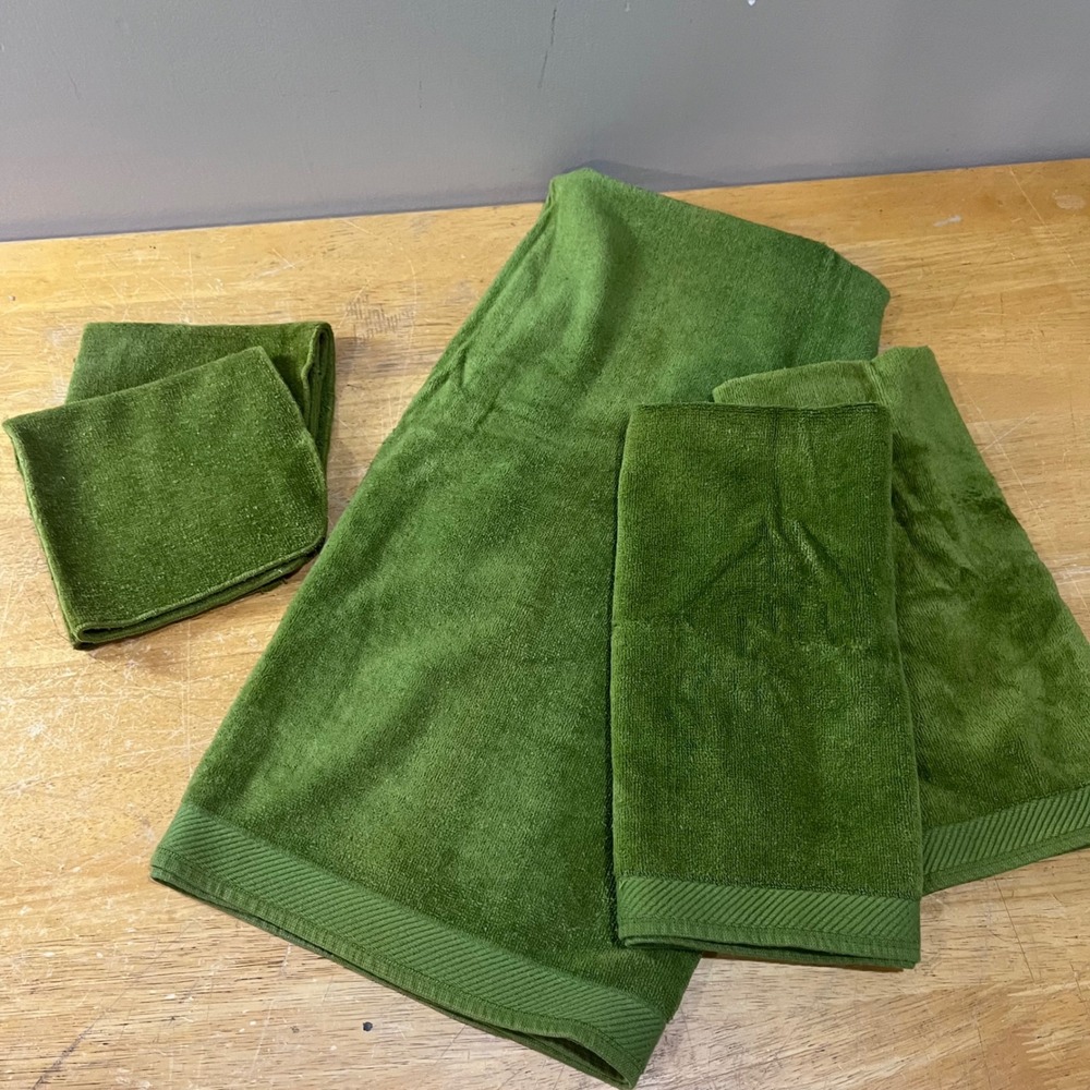 Vtg Sears Green Cotton Towel Set 5pc MCM Retro Avocado Bath Hand Washcloth USA